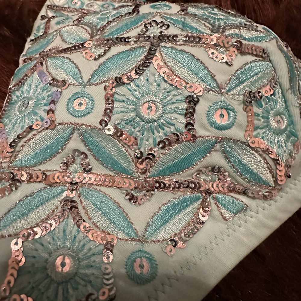 Victorias Secret teal bikini top featuring silver sequins. Size M. - Picture 2 of 4